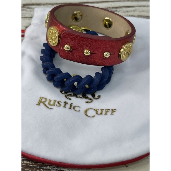 Rustic Cuff Gold Tone Logo Metallic‎ Red Leather Bracelet with Navy Silicone set - Picture 2 of 3